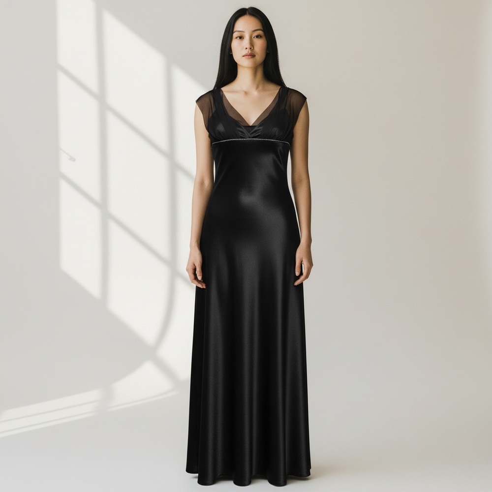 Fiesta Black Satin Chiffon Maxi Evening Gown Rhinestone Empire Waist Large‎